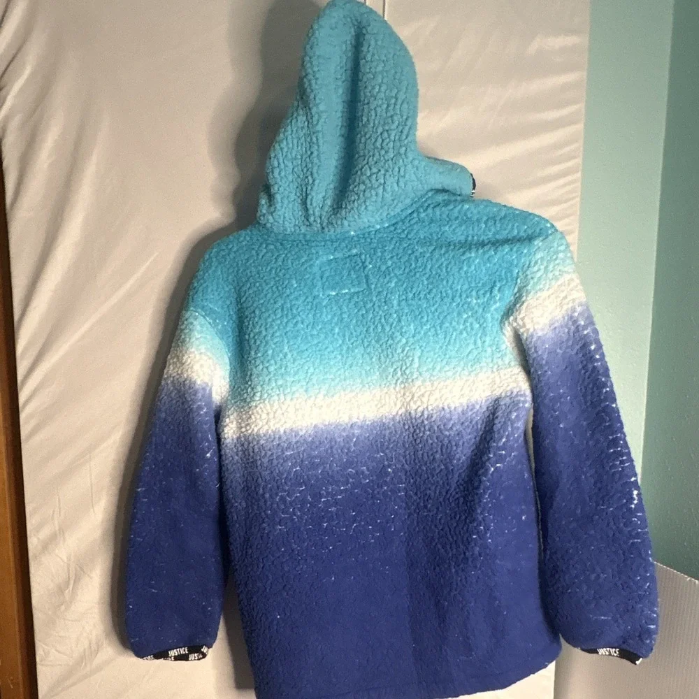Justice Girls Blue Ombre Sherpa Fleece Hoodie Pullover Logo Trim Size 10 105